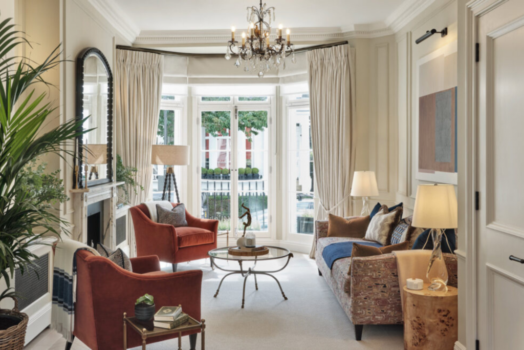 Candy London, Elegant luxury living room with bay windows, neutral palette, velvet armchairs, sculptural chandelier, and refined contemporary interior styling.