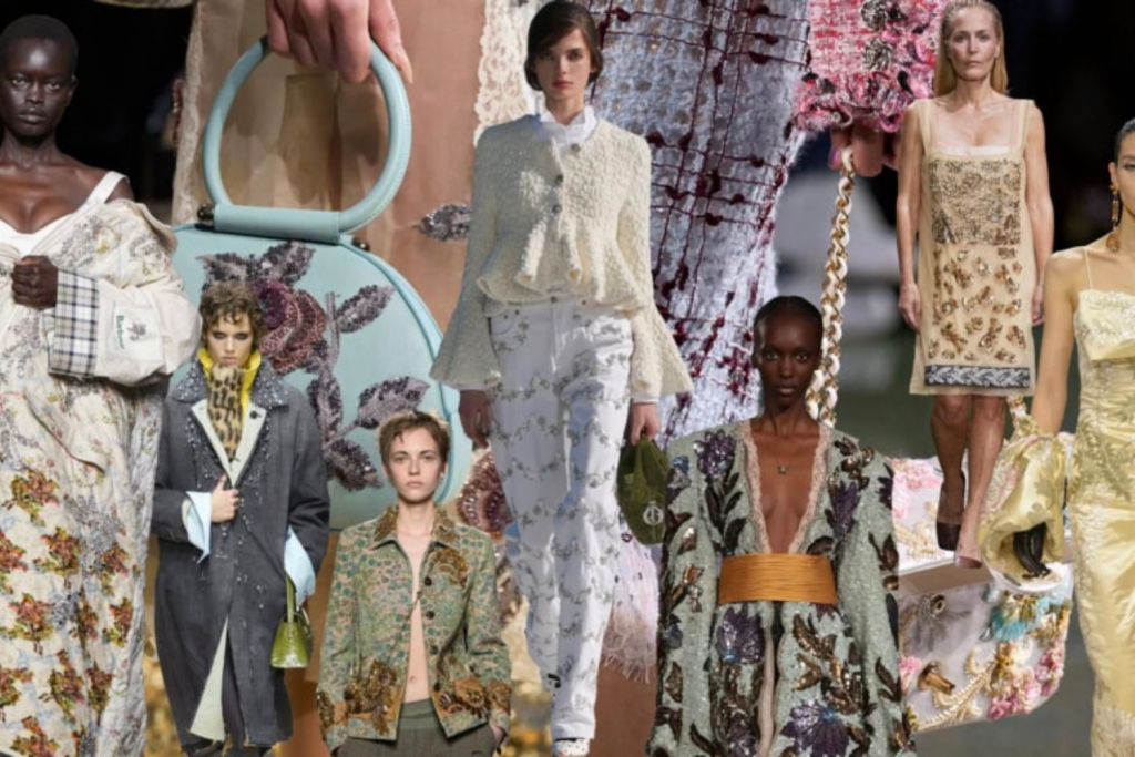 Design Week fashion events, collage of luxury runway looks featuring embroidered couture garments, statement handbags and intricate textile craftsmanship presented by leading fashion maisons.