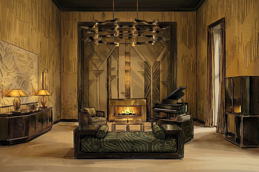 Art Deco inspired interior with fireplace, geometric patterns, sculptural lighting and piano in a warm golden ambience, Salone del Mobile exhibitions
