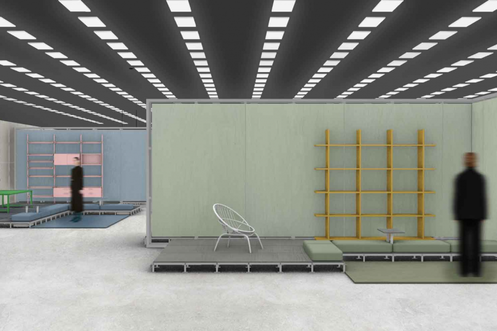 Minimal modular exhibition layout with pastel partitions, geometric shelving system and contemporary furniture display, Salone del Mobile exhibitions