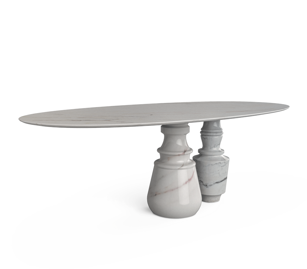 Oval marble dining table with sculpted stone pedestal base on white background.