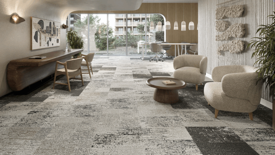 ICFF contemporary living space with wooden furniture and neutral tones
