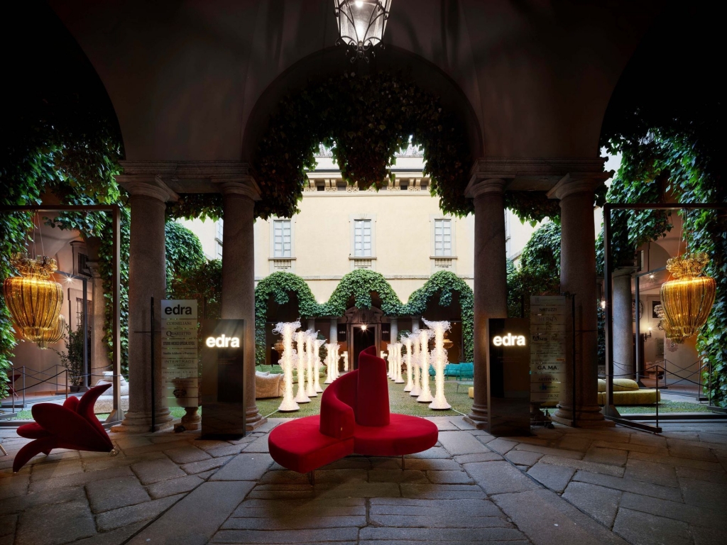 red sofa, garden, pieces spotted in milan
