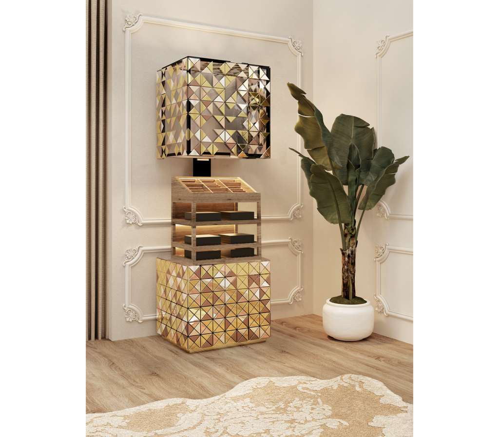 gold cabinet, beige wall, plants, pieces spotted in milan