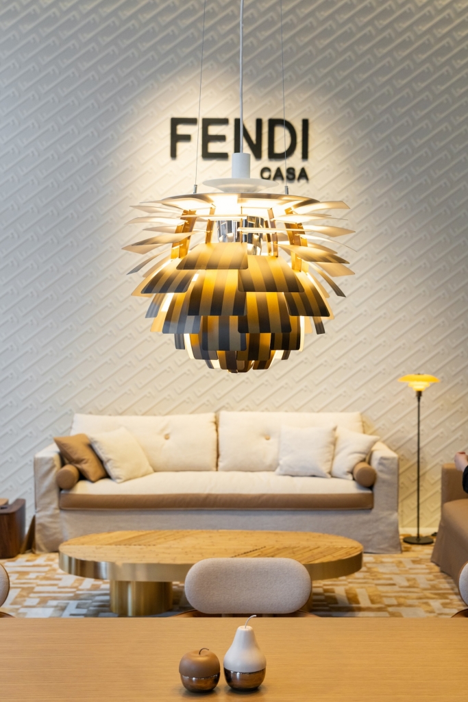 suspension lighting, beige walls, sofas, pieces spotted in milan