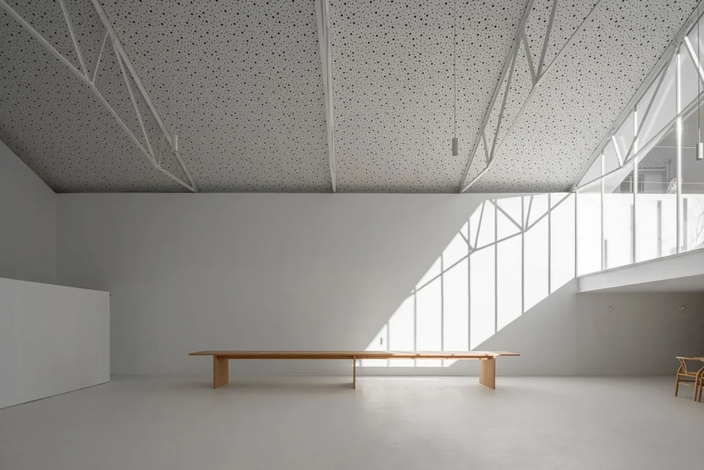 white walls, wood bench lisbon design week