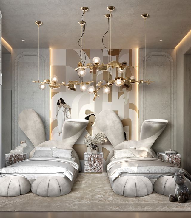 grey wall, grey bunny beds, white nightstand, beige rug