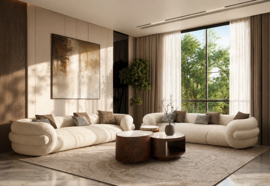 Bright minimalist living room with large cream sectional sofa, set of white nesting tables, smoky glass and wood low coffee table, vertical wood slat accent wall, line art framed print, and floor-to-ceiling garden view living rooms