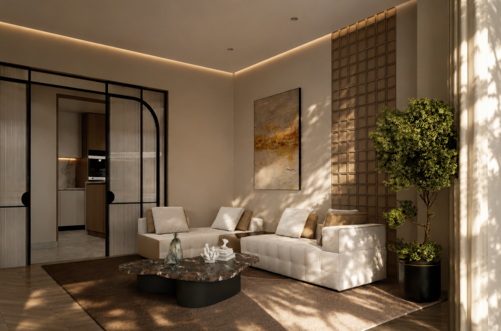 Modern neutral living room with cream tufted L-shaped sofa, organic dark marble coffee table with black pedestal base, bronze grid decorative wall panel, abstract amber oil painting, black steel arched partition doors living rooms