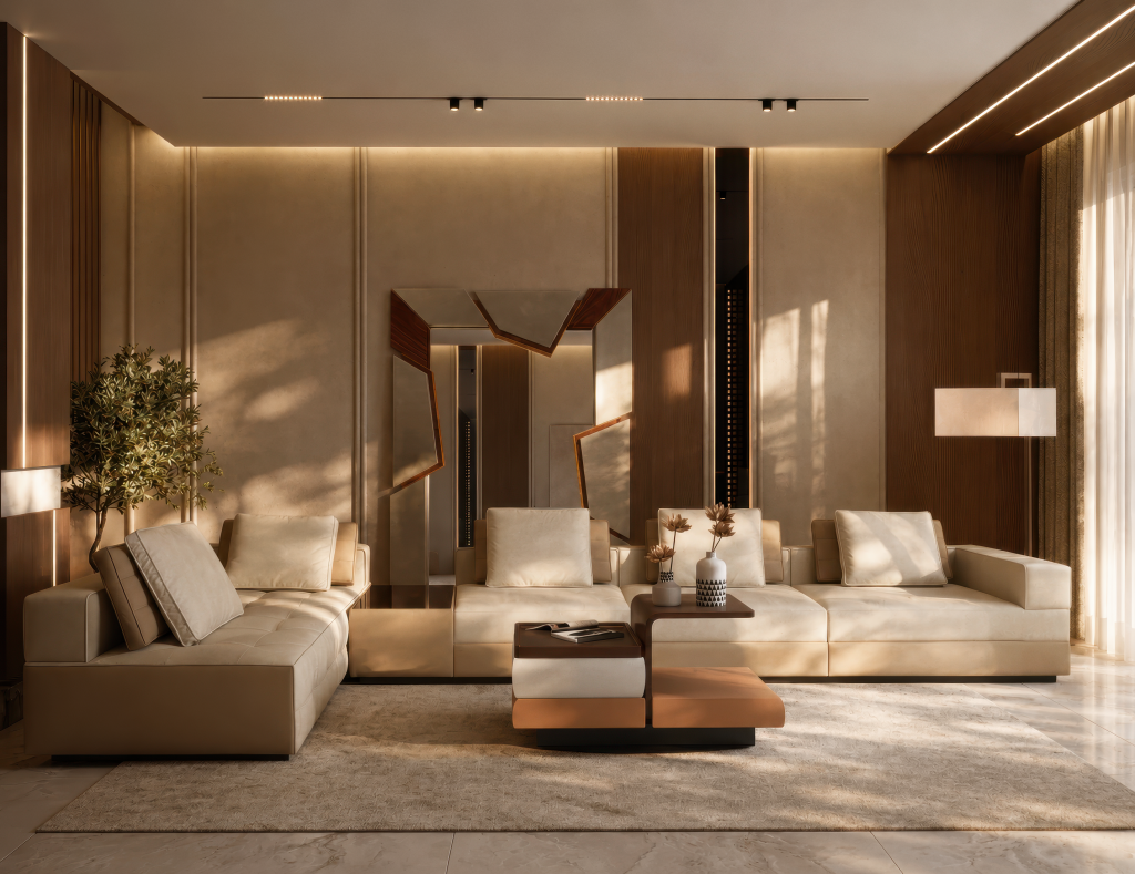 Warm contemporary living room with two long cream modular sofas, geometric two-tone coffee table in walnut and cream, angular faceted wall mirror with wood frame, track lighting, and indoor olive tree on warm sand tones living rooms