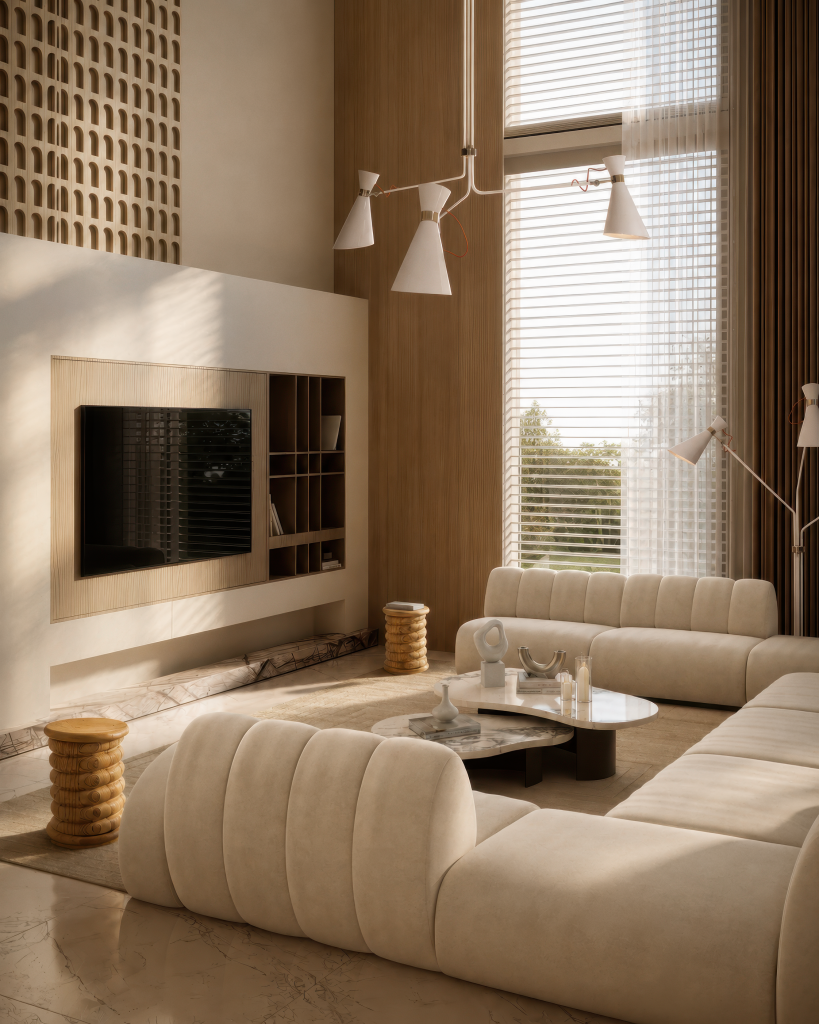 Warm minimalist living room with ribbed cream modular sofa, biomorphic black marble coffee table, conical white pendant chandelier, honey-stacked wooden stools, arched decorative wall panel, and floor-to-ceiling slatted wood walls living rooms
