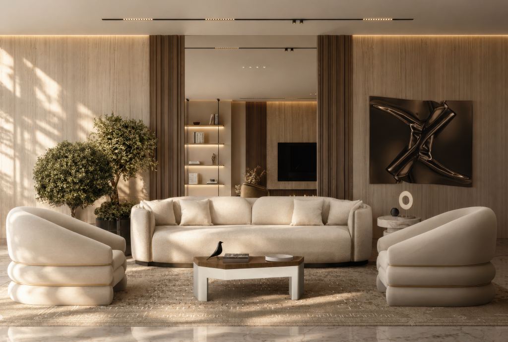 Serene neutral living room with sculptural cloud-form cream armchair, long cream sofa with striped cushions, dark wood square coffee table, organic-shaped gold and resin wall mirrors, and circular wool rug with geometric inlay living rooms