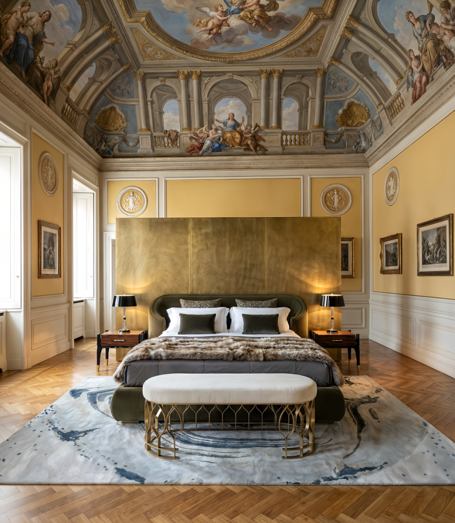 A grand, classic bedroom with an intricately painted fresco ceiling featuring classical figures. A large gold panel serves as a backdrop for a dark green velvet bed with a fur throw. In front of the bed sits a white upholstered bench with an openwork gold base, all resting on a blue and white patterned rug over a herringbone wooden floor. luxury bedroom