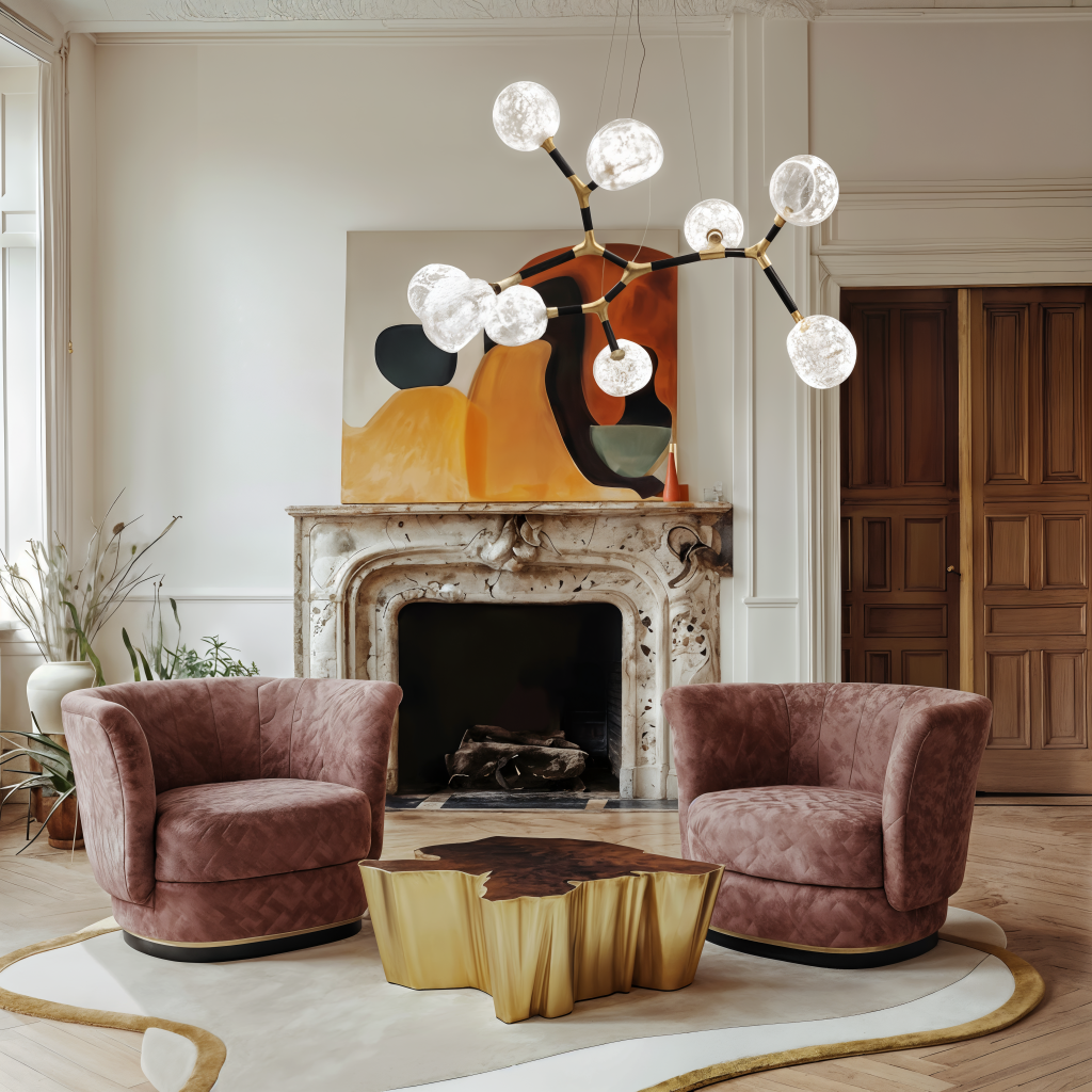Opulent contemporary living room with large cream modular sectional sofa, gold sculptural botanical branch pendant lights, paired dark marble round coffee tables with gold kintsugi veining, caramel velvet armchairs, and city skyline views living rooms