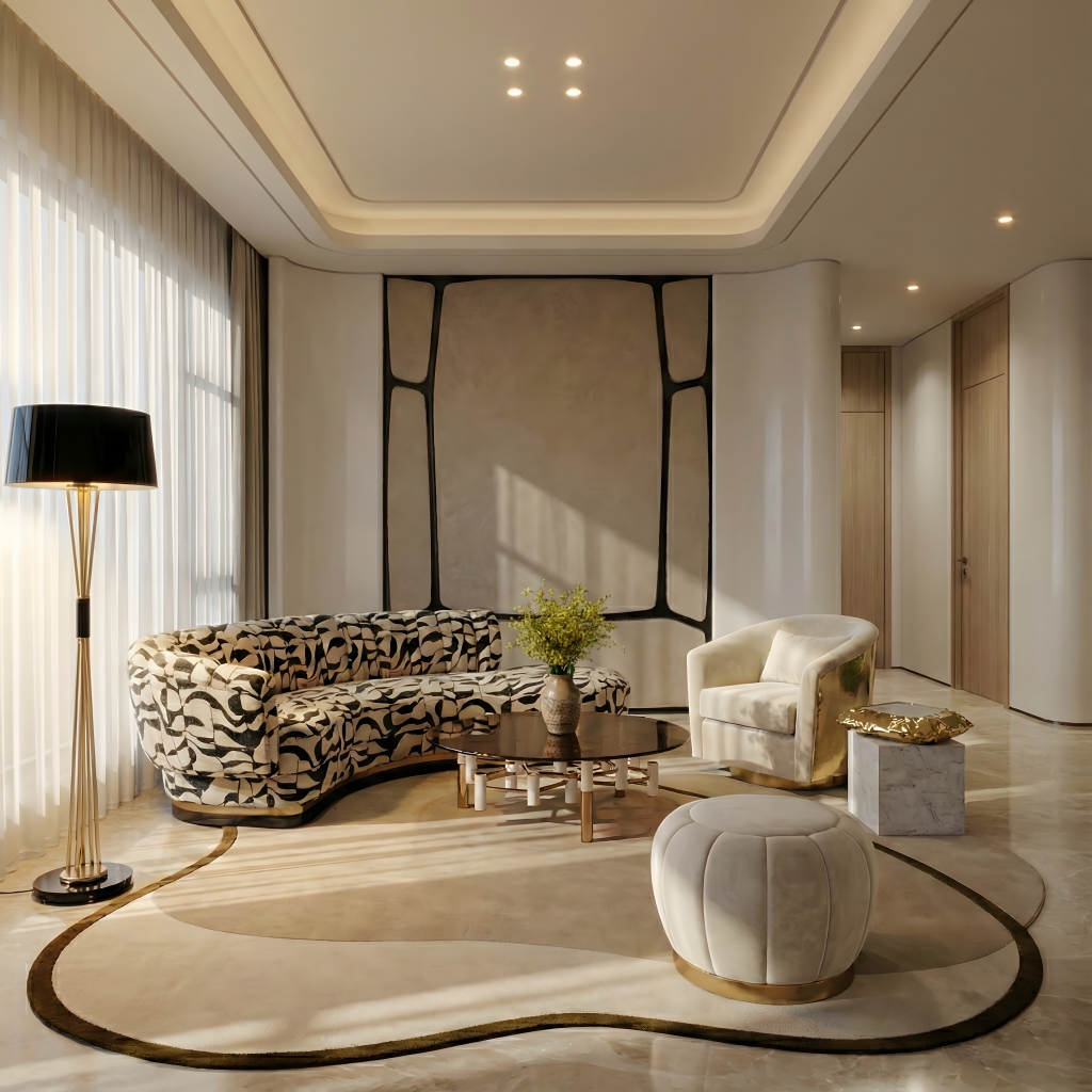Elegant Parisian living room with two mauve quilted velvet armchairs, sculptural gold molten tree-stump coffee table, organic branch chandelier with frosted glass globes, carved marble fireplace, and bold abstract orange canvas living rooms