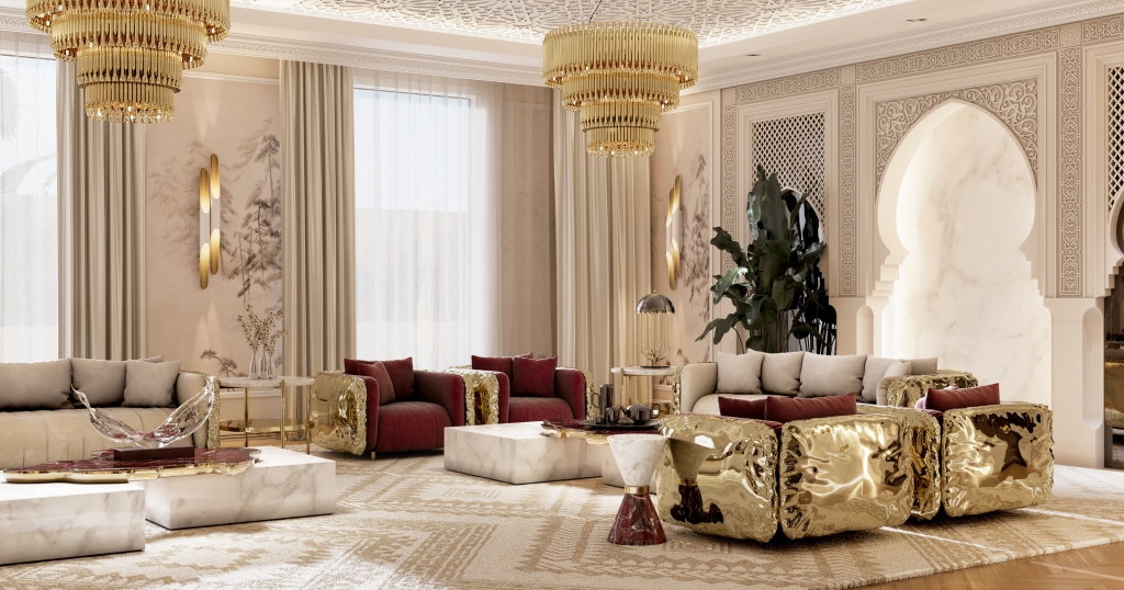 Opulent Moroccan-inspired living room with burgundy velvet armchairs, fully sculpted gold liquid-metal sofa and ottomans, white marble block coffee tables, tiered gold crystal chandeliers, and ornate Moorish arch with mosaic tilework
living rooms