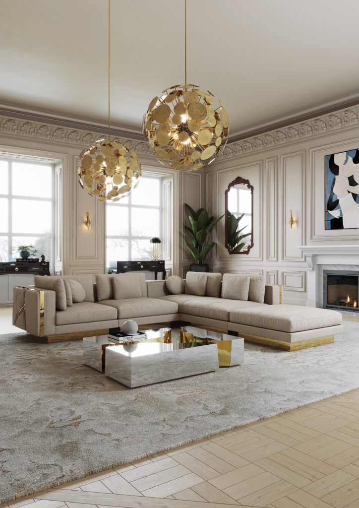 Elegant classic living room featuring a beige sectional with gold base detailing, a metallic coffee table, and spherical gold chandeliers, Modular Sofas.