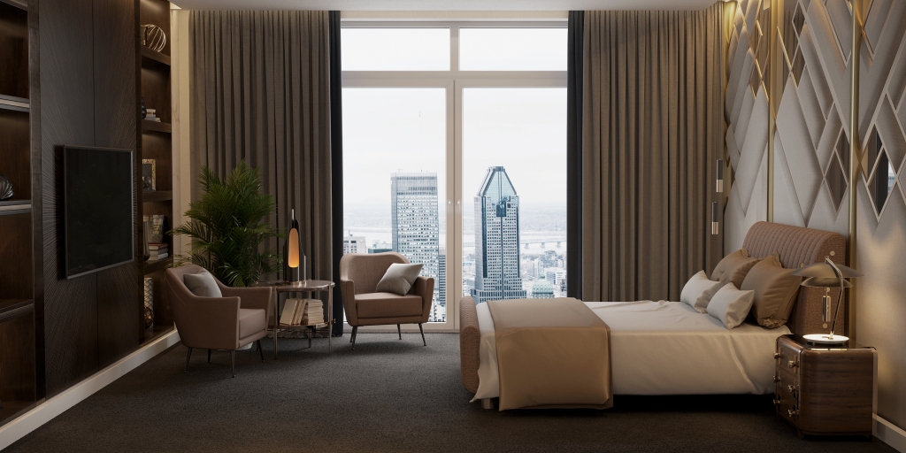 A luxurious bedroom with a breathtaking city skyline view through floor-to-ceiling windows. A sophisticated dark wood wall with integrated shelving and a television dominates one side. On the other side, a geometric-patterned wall feature in gold and cream adds texture. The bed has a unique curved headboard, and two plush armchairs are positioned near the window. Luxury bedroom.