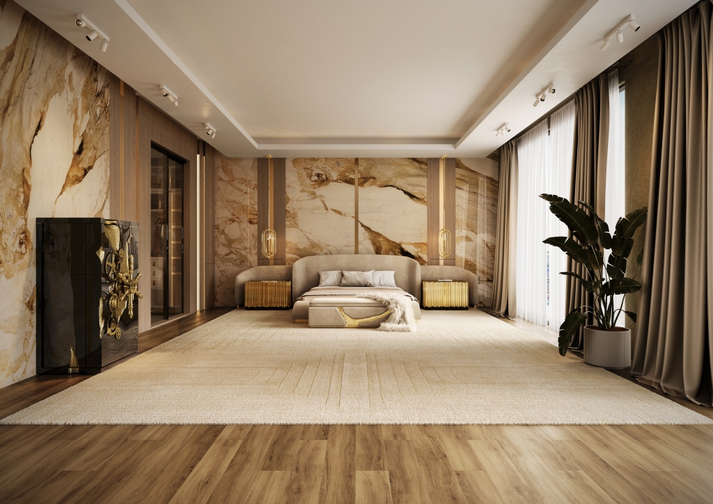 An exquisite luxurious bedroom where opulent textures meet modern design. Large-scale marble panels with dramatic gold veining cover the back wall. At the center is a low-profile bed with a light-colored upholstered frame and headboard. A large black cabinet with ornate brass gear details stands prominently on the left. The space features light wood flooring and a large area rug. Luxury bedroom.
