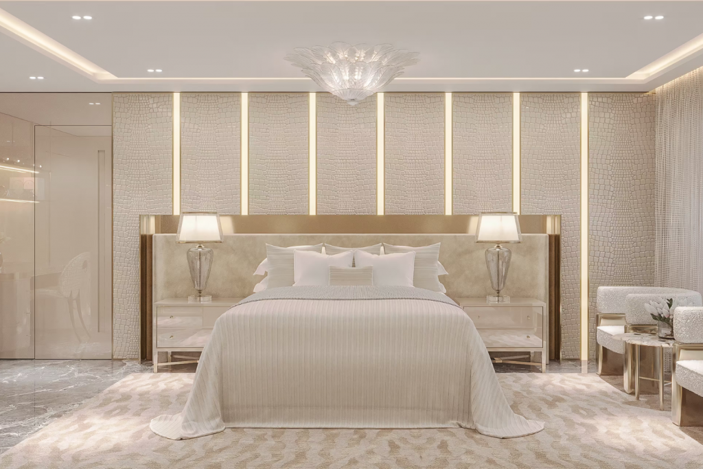 Luxury master bedroom in white tones
