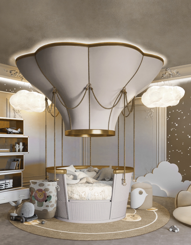 A magical themed children's bedroom featuring a large, central bed designed to look like a hot air balloon basket, with the balloon structure attached to the ceiling. The room is decorated with cloud-shaped pendant lights, a starry wall, and whimsical toys on a round rug. luxury bedroom