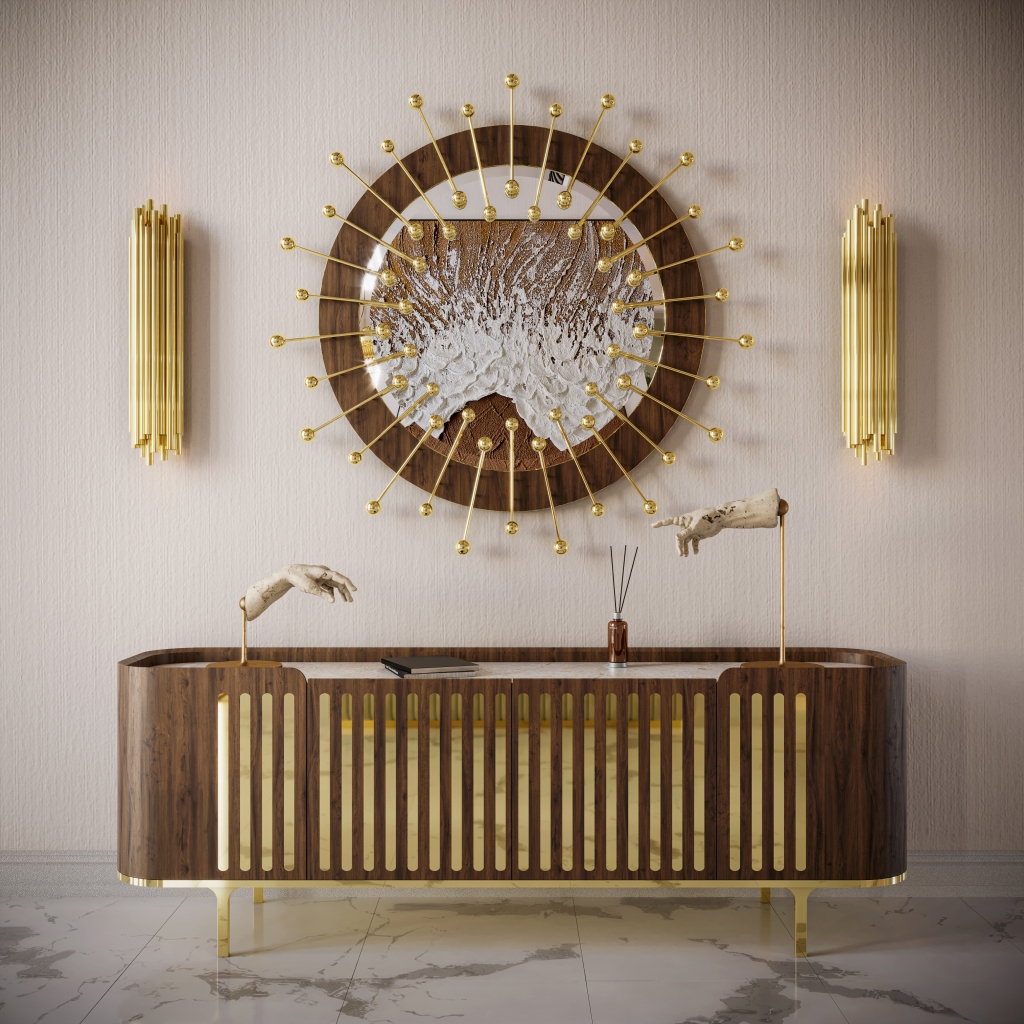 Luxury Wood Furniture, A symmetrical setup displaying a fluted wood sideboard with gold vertical slats beneath a round, radiant wall mirror.