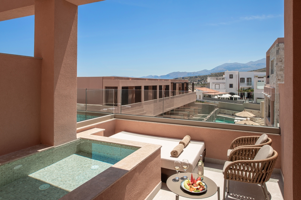 private pool from Esperides Resort suite in terracota tones
