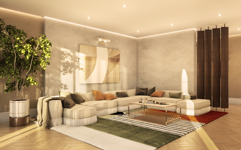 Warm-lit contemporary living room with textured walls, a low-profile cream sectional, and a colorful geometric rug, Modular Sofas.