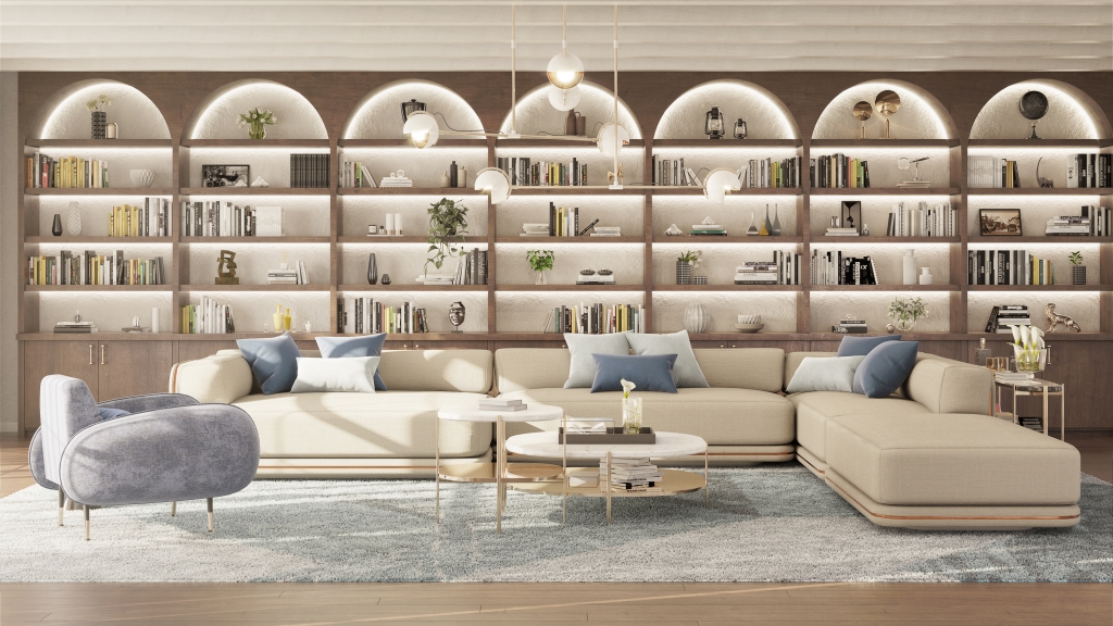 Spacious modern living area with a large off-white corner couch, blue accent pillows, and a grand floor-to-ceiling wooden bookcase, Modular Sofas.