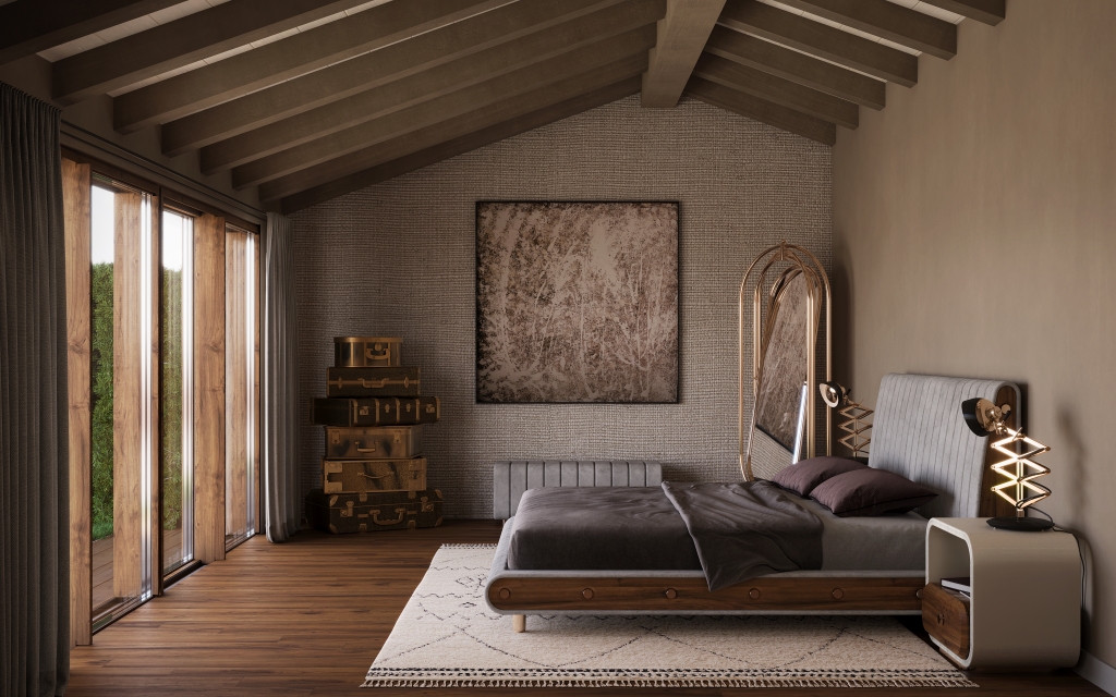 cream walls, grey and brown bed, off white rug, brown and cream nightstand, gold mirror, brown safe, grey bench, window, luxury bedroom