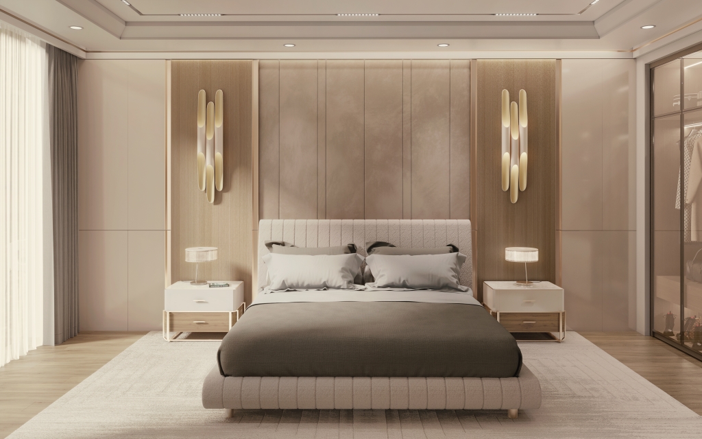 white wall lamp, closet, cream walls, off white bed, beige rug, white and brown nightstand, table lamps