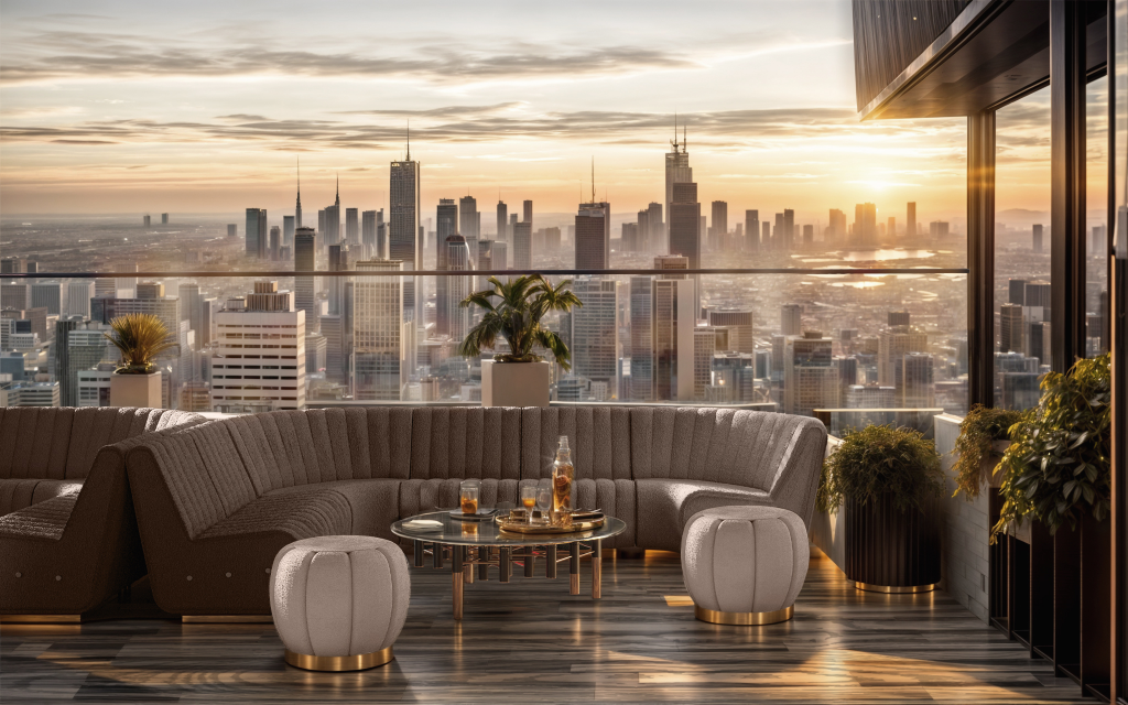 High-end rooftop terrace at sunset featuring a curved channel-tufted outdoor couch and small round tufted ottomans overlooking a city skyline, Modular Sofas.