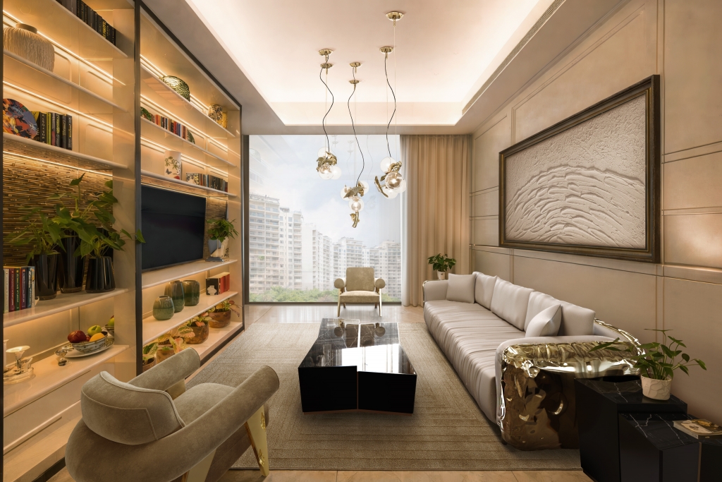 Contemporary living room with illuminated built-in shelving unit, sculptural gold cluster pendant lights, long cream modular sofa with gold sculptural side element, black lacquer coffee table, and textured white wall artwork living rooms