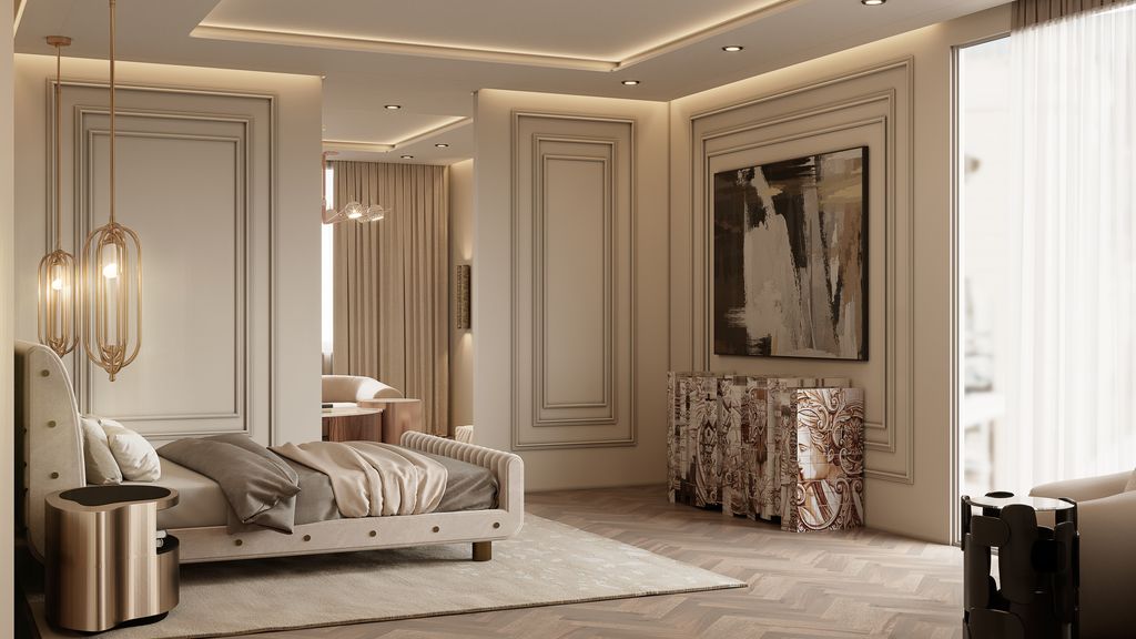 A spacious and minimalist beige bedroom with elegant wall paneling and a light wood herringbone floor. A low-profile bed with neutral linens sits on a soft cream rug, accompanied by a modern cylindrical nightstand and a large abstract painting hanging next to a decorative cabinet. luxury bedroom