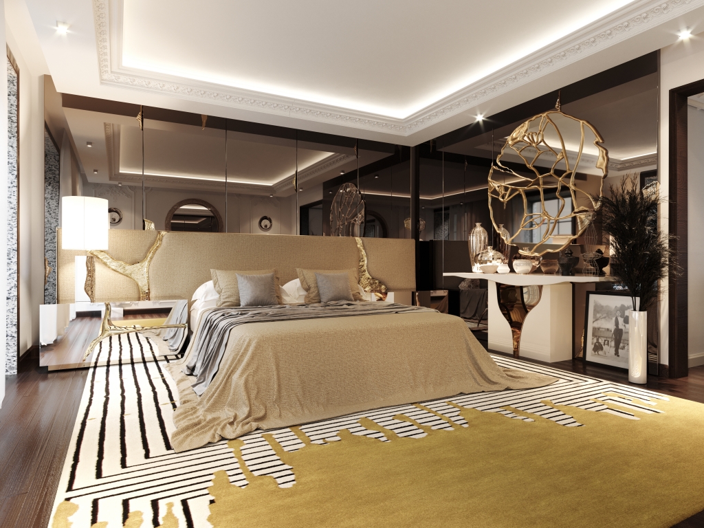 Sophisticated master bedroom styled with dramatic black mirrored wall panels that reflect the room. The bed has a textured beige headboard with abstract gold lightning-like accents. A striking, large golden branch-shaped mirror hangs on the right wall above a white console table. A bold, geometric black and white striped rug with a large golden splash pattern covers the dark wood floor. luxury bedrooms