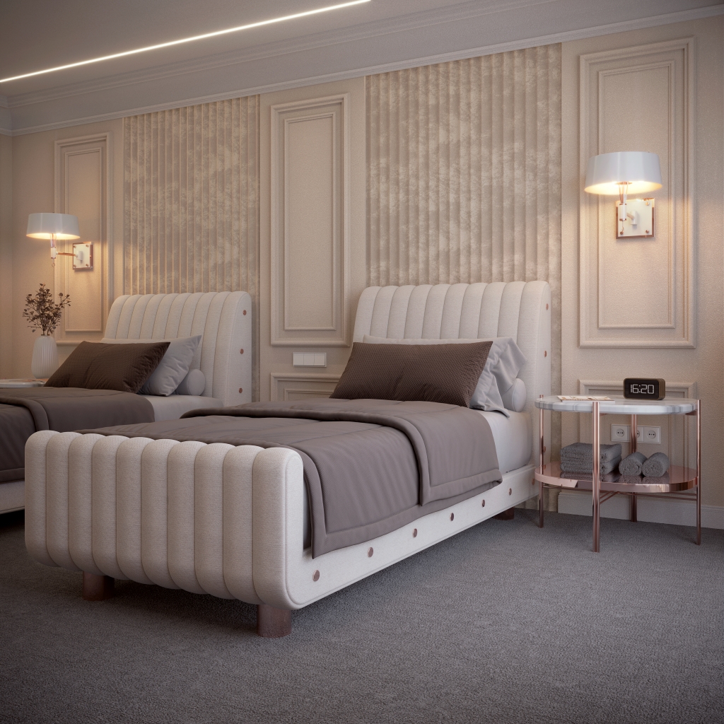 A luxurious bedroom with two single beds, featuring textured, velvet headboards in a creamy beige. The walls are adorned with elegant beige paneling and gold trim. Soft, warm light from stylish sconces illuminates the space. A modern nightstand with a marble top sits between the beds, holding a clock and towels. Luxury bedroom.