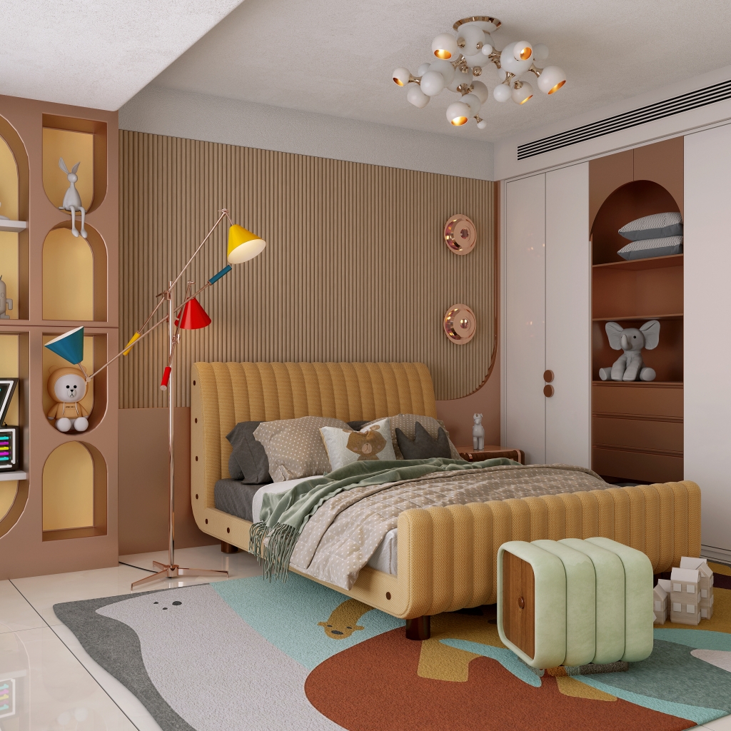 A colorful and playful children's bedroom featuring a tufted yellow bed frame and a whimsical multi-colored floor lamp. The room includes built-in shelves with animal figurines, a patterned rug with cartoon shapes, and a soft green stool at the foot of the bed. luxury bedroom