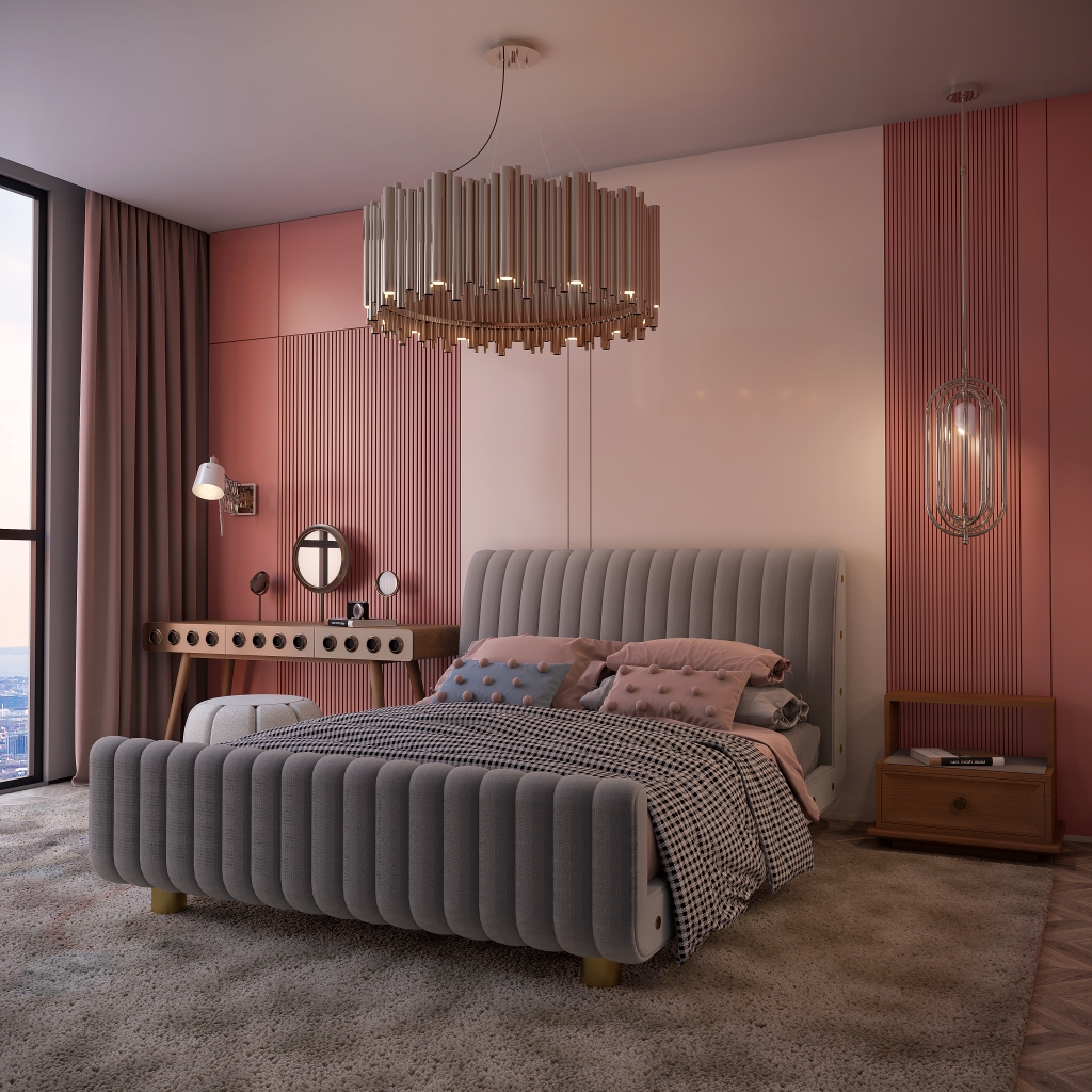 A chic and modern luxurious bedroom with a unique, dusty rose color palette. A stylish, channeled velvet bed in a light grey is the centerpiece, complemented by a soft, plush rug in a similar hue. The walls feature geometric paneling in a deep pink, creating a dramatic backdrop. A contemporary brass chandelier adds a touch of glamour. Luxury bedroom.