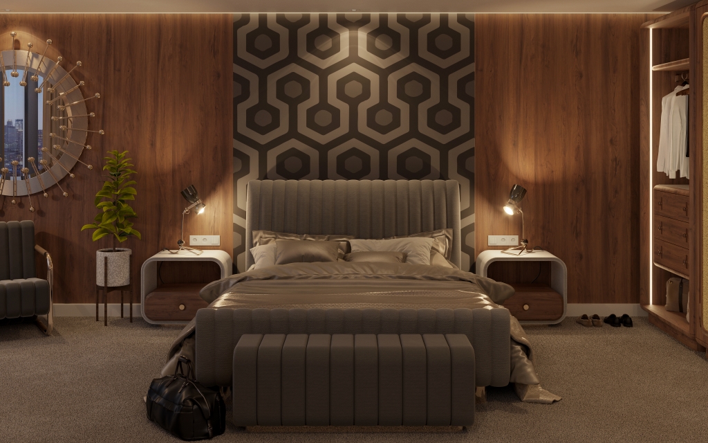 A warm, mid-century modern bedroom with rich dark wood paneling and a geometric hexagon-patterned wallpaper feature behind the grey tufted bed. Two symmetrical white curved nightstands with retro desk lamps flank the bed, with a matching grey bench in the foreground. luxury bedroom