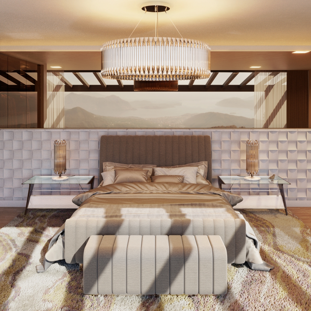 A tranquil and luxurious bedroom designed with a natural, sophisticated aesthetic. A large bed with a textured, brown upholstered headboard sits against a geometric-patterned wall. Glass-topped nightstands display unique golden lamps, and a grand crystal chandelier provides central illumination. A wall of windows behind the bed opens to a peaceful view. Luxury bedroom.