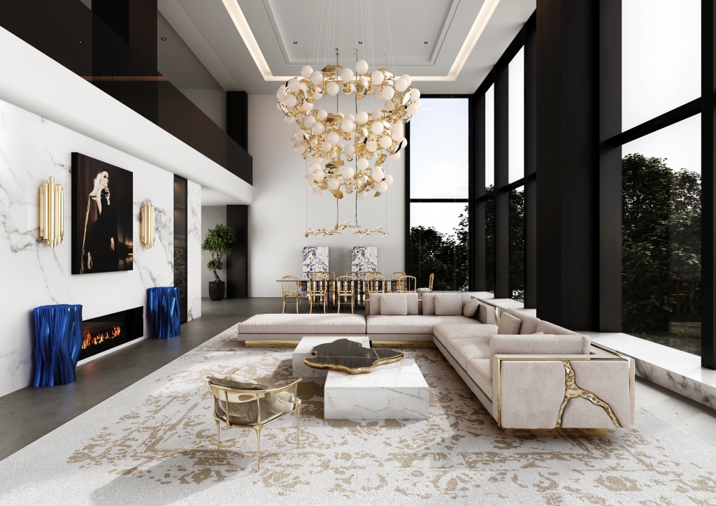 High-ceiling luxury living room with massive windows, an expansive light gray sectional with gold cracks, and a grand statement chandelier, Modular Sofas.