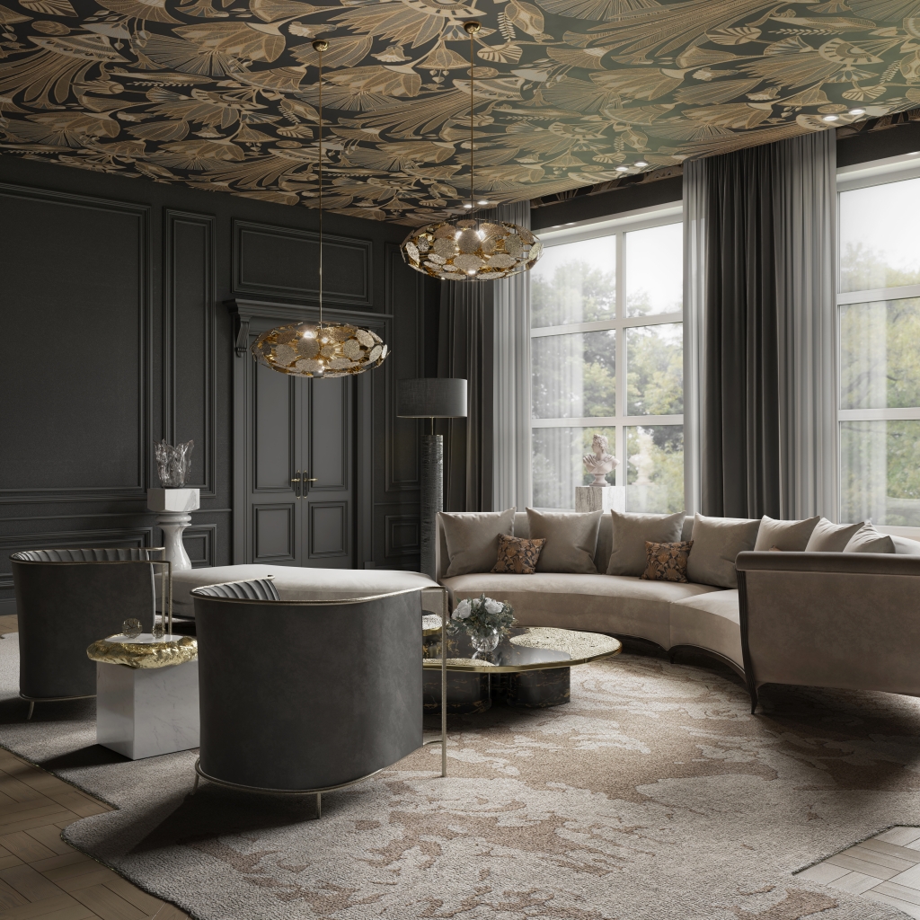 Moody dark interior with charcoal panelled walls, gold and brown botanical ceiling mural, two organic gold pendant chandeliers, curved taupe sectional sofa, dark velvet round armchair, and layered cream floral rugs living rooms