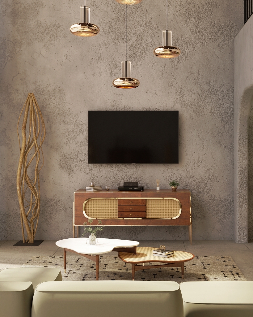 A modern earthy living room with a mid-century style wooden TV console and asymmetrical coffee tables. Luxury Wood Furniture