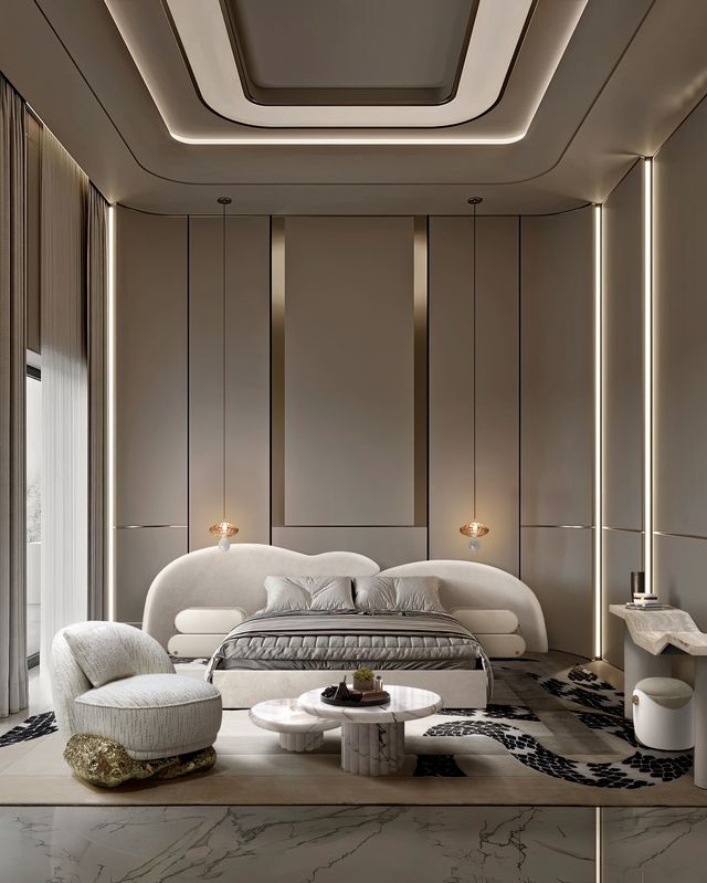 grey walls, white bed, white and gold arm chair, white center table, white and black rug luxury bedroom