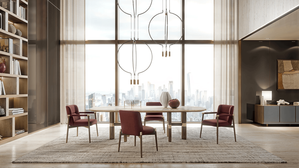 High-rise dining area with a curved marble table, burgundy leather armchairs, sculptural ring pendant lights, and floor-to-ceiling windows showcasing a city skyline. interior designers