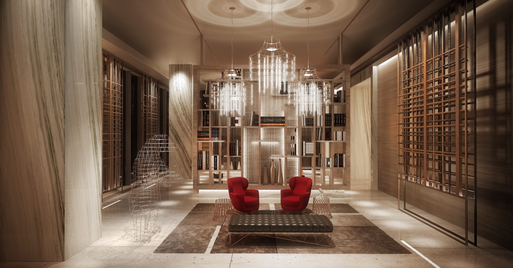 Luxurious lobby lounge with a marble-clad bookshelf partition, cage-style pendant lighting, red velvet armchairs, a tufted leather bench, and a decorative wire sculpture. interior designers