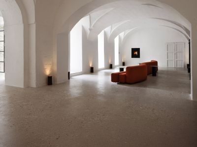 Minimalist vaulted gallery space with white groin-vault ceilings, polished concrete flooring, a burnt-orange sofa, and a glowing fireplace insert. interior designers