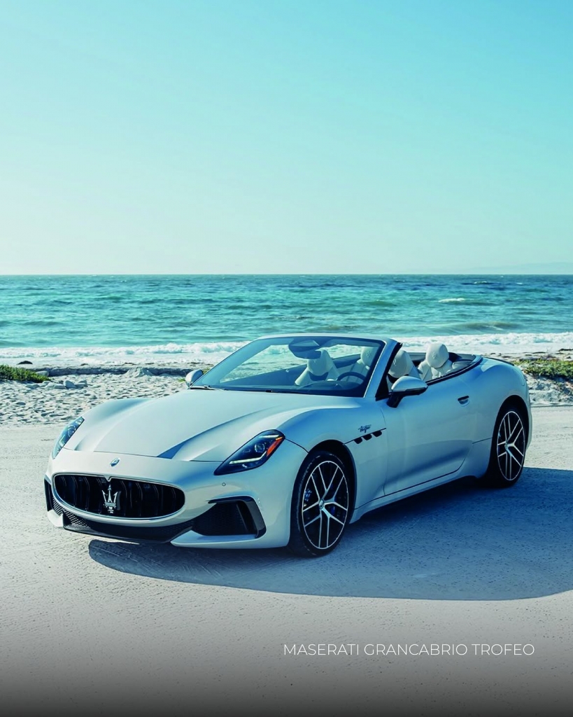 Maserati GranCabrio Trofeo convertible by the coast, Italian luxury styling