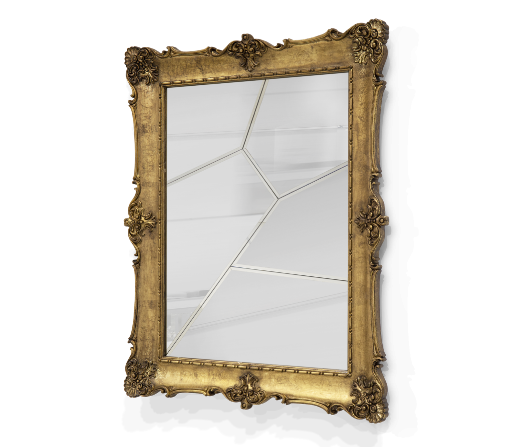 Rectangular mirror with baroque-style carved gold frame and geometrically fragmented glass, on white background- luxury mirrors.