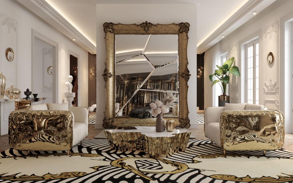 Large rectangular mirror with classic gold carved frame and fragmented glass surface, in a living room with gold armchairs and zebra rug-luxury mirrors.